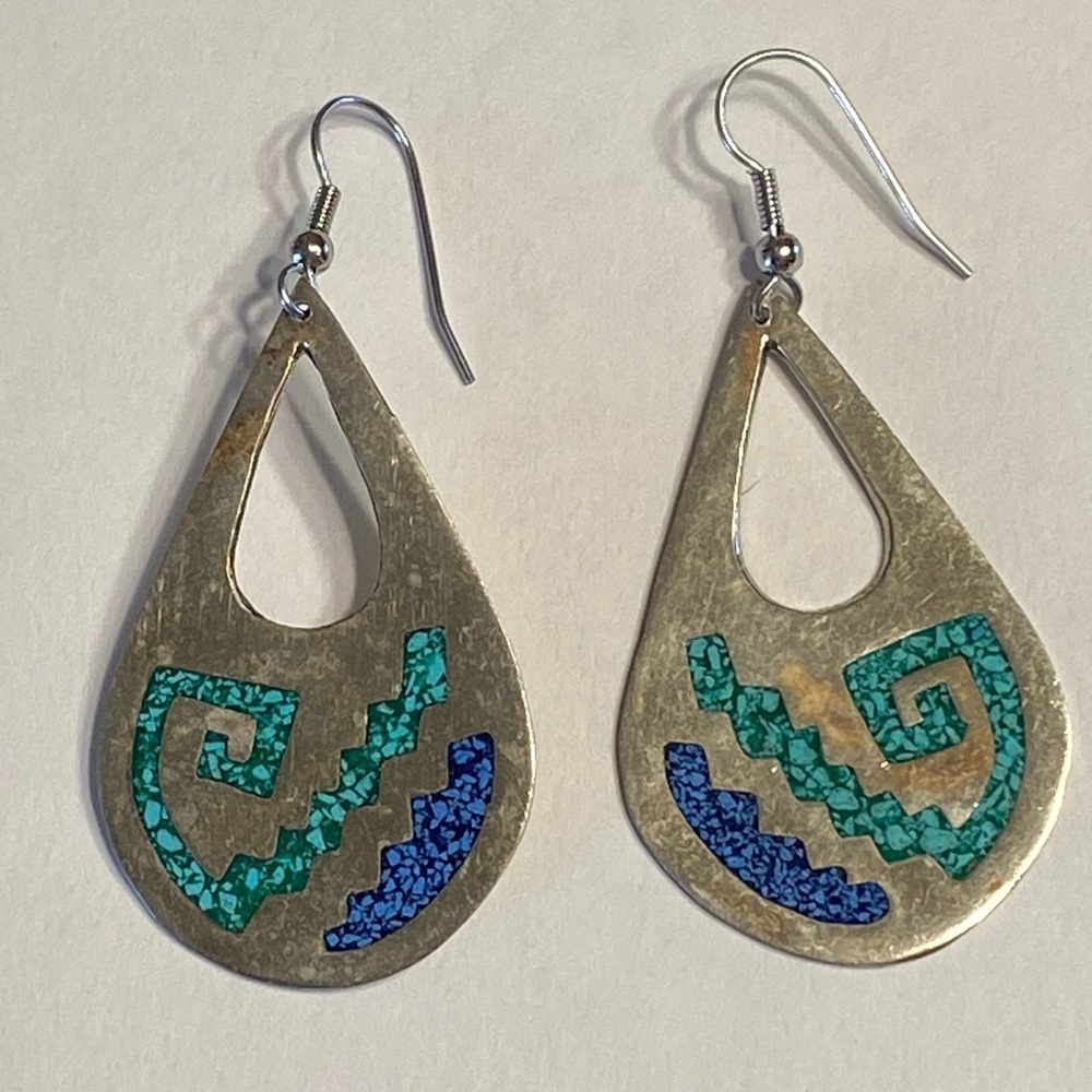 Vintage Alpaca Mexico Silver Tone Stone Inlay Earrings Huge Dangle Earrings